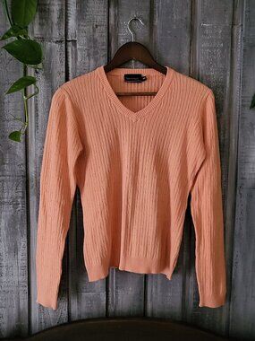 Peach 100% Cotton Cable Knit V-Neck Sweater M